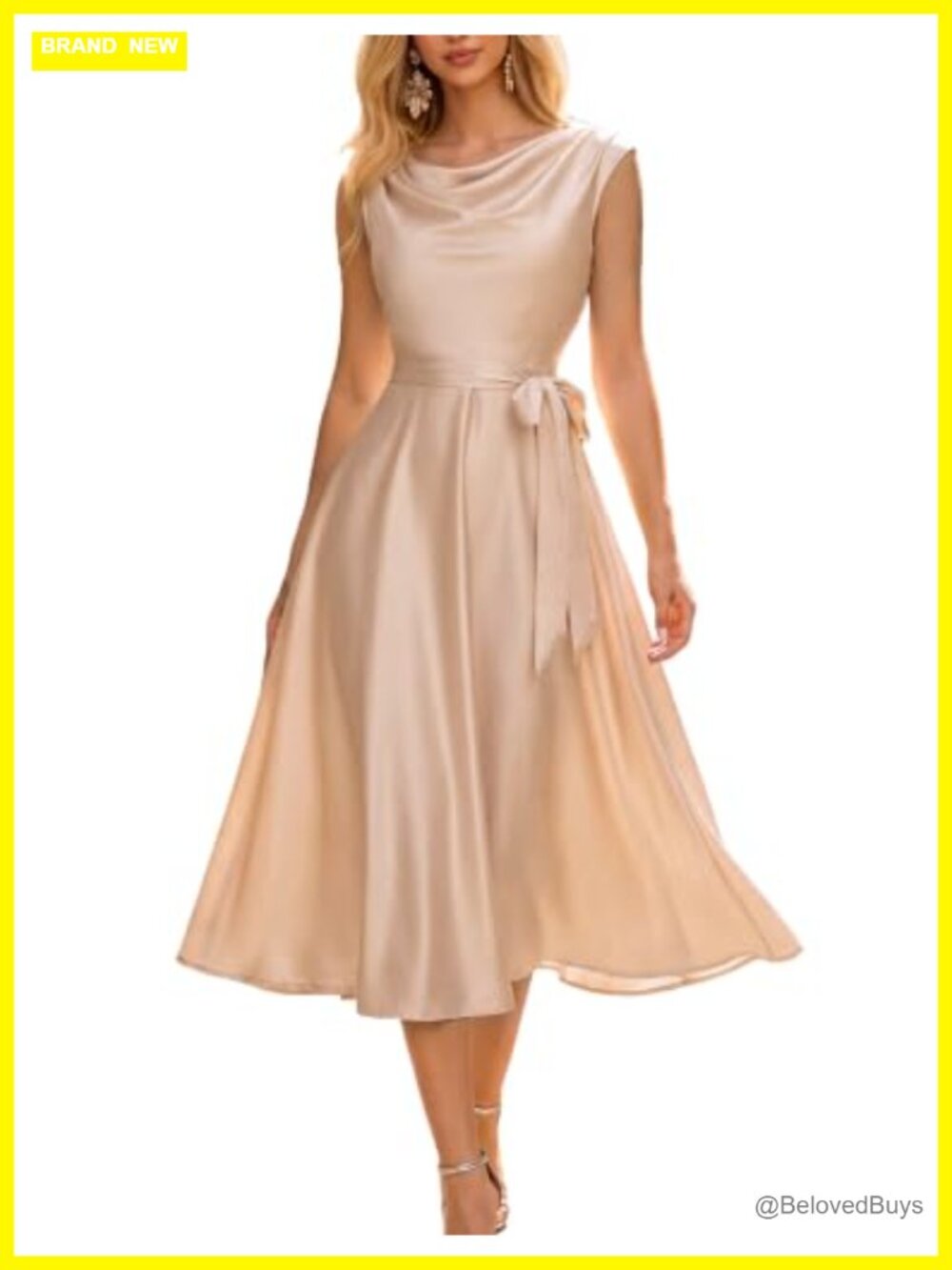 Women A Line Satin Midi Cocktail Bridesmaid Formal Dress